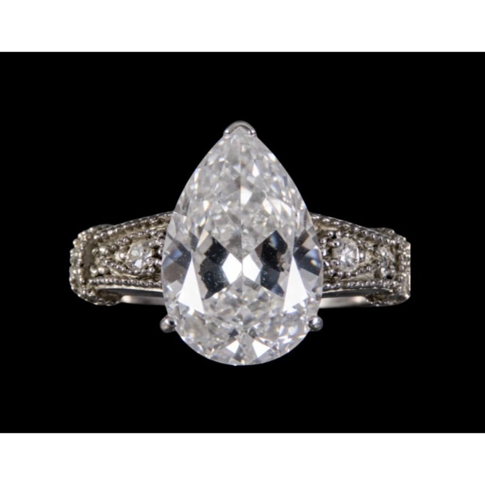 STERLING SILVER Cocktail/Wedding Ring CLEAR PEAR CZ Solitaire+Side Stones SIZE 7